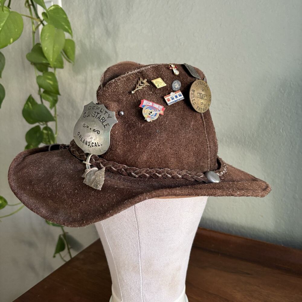 Vintage 1970 Brown Leather Country Western Hat With Old Pins